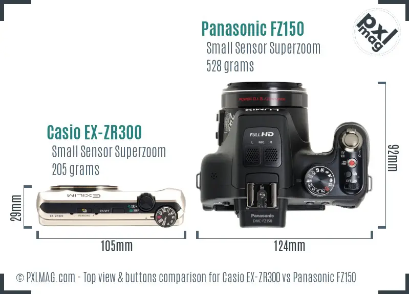 Casio EX-ZR300 vs Panasonic FZ150 top view buttons comparison Casio EX-ZR300 vs Panasonic FZ150 top view buttons comparison