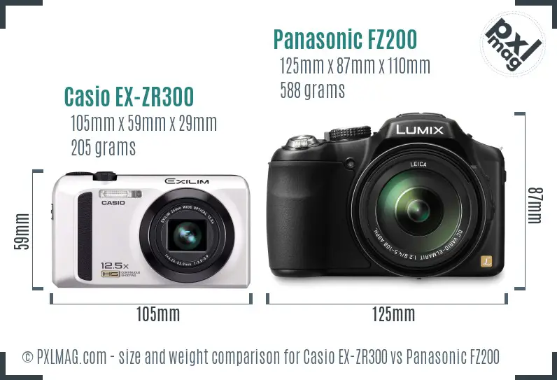 Casio EX-ZR300 vs Panasonic FZ200 size comparison