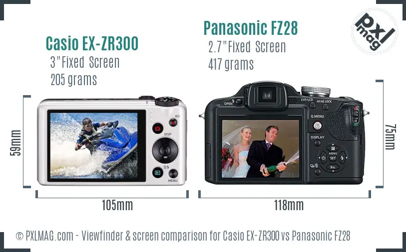 Casio EX-ZR300 vs Panasonic FZ28 Screen and Viewfinder comparison