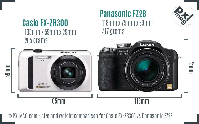 Casio EX-ZR300 vs Panasonic FZ28 size comparison