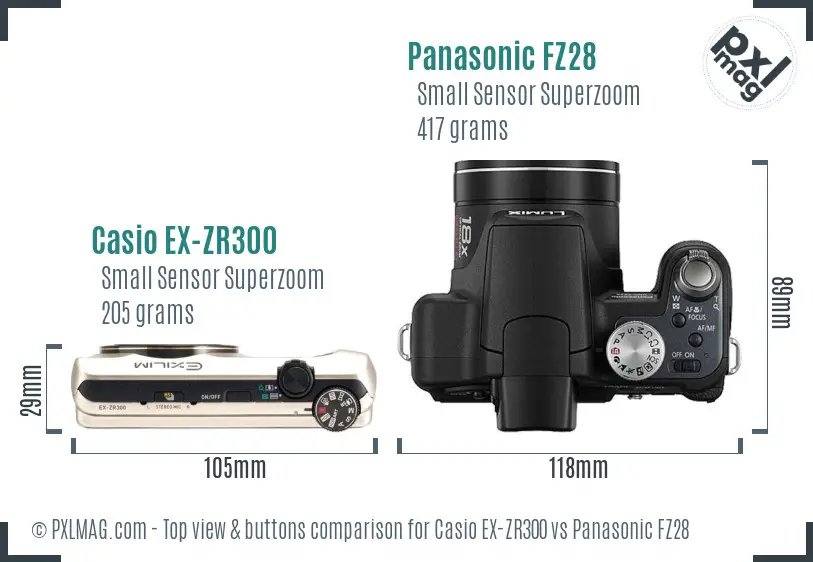 Casio EX-ZR300 vs Panasonic FZ28 top view buttons comparison