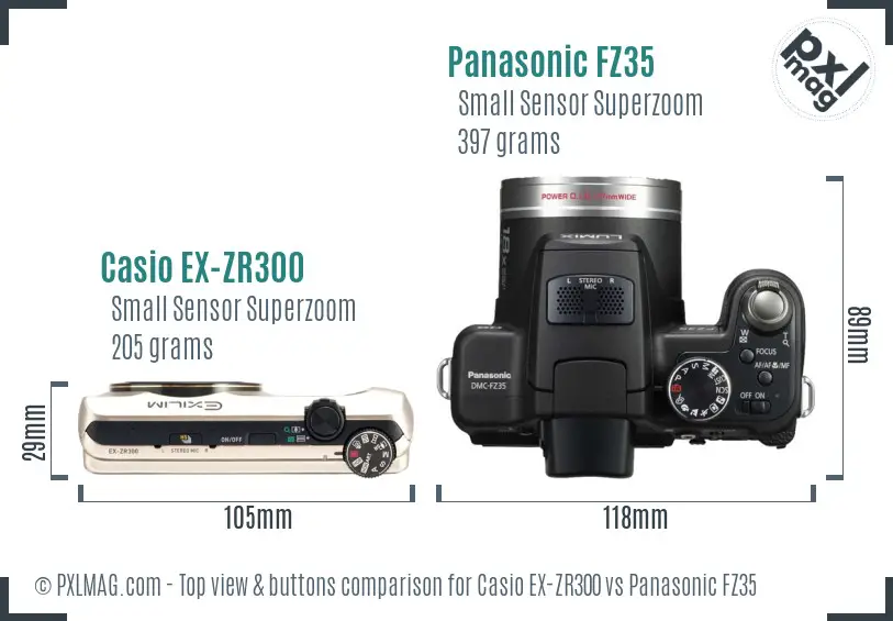 Casio EX-ZR300 vs Panasonic FZ35 top view buttons comparison