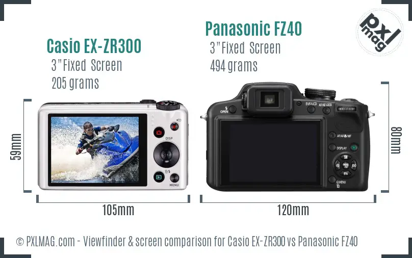 Casio EX-ZR300 vs Panasonic FZ40 Screen and Viewfinder comparison