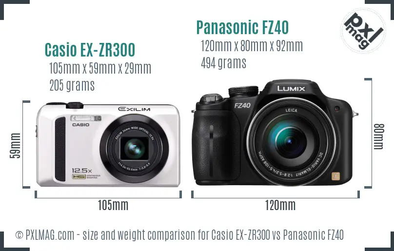 Casio EX-ZR300 vs Panasonic FZ40 size comparison