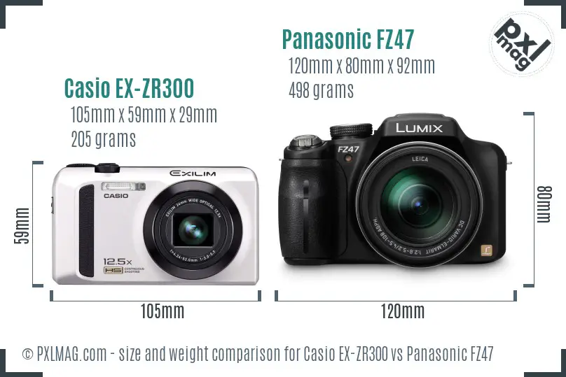 Casio EX-ZR300 vs Panasonic FZ47 size comparison