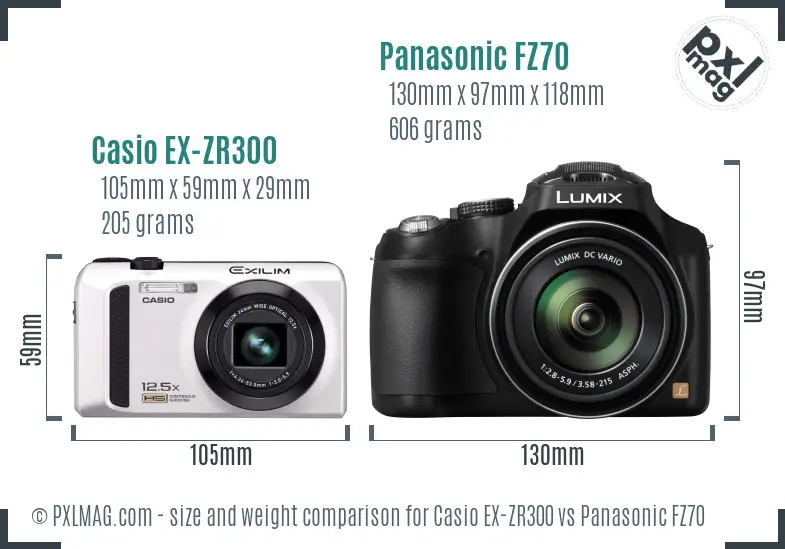 Casio EX-ZR300 vs Panasonic FZ70 size comparison