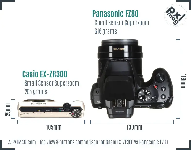 Casio EX-ZR300 vs Panasonic FZ80 top view buttons comparison Casio EX-ZR300 vs Panasonic FZ80 top view buttons comparison