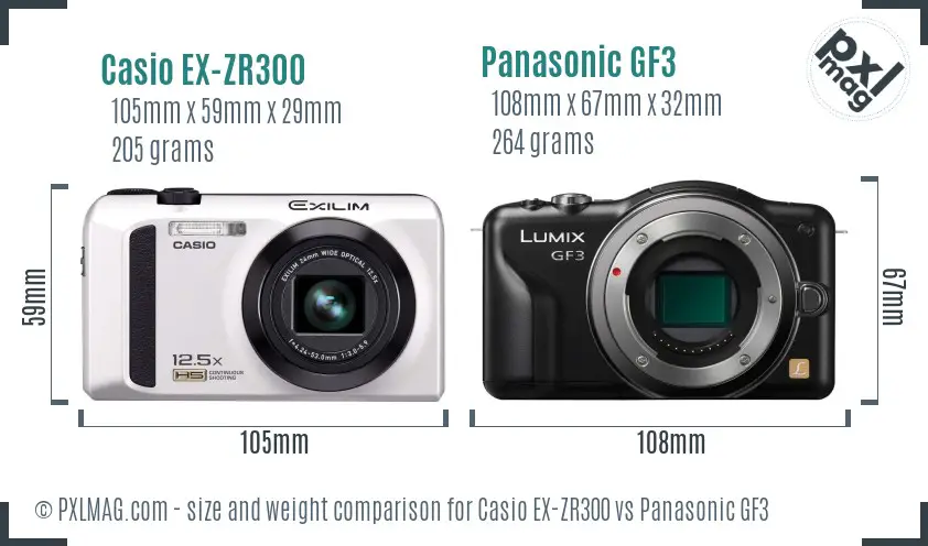 Casio EX-ZR300 vs Panasonic GF3 size comparison
