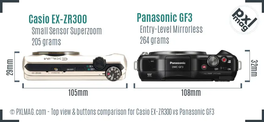 Casio EX-ZR300 vs Panasonic GF3 top view buttons comparison