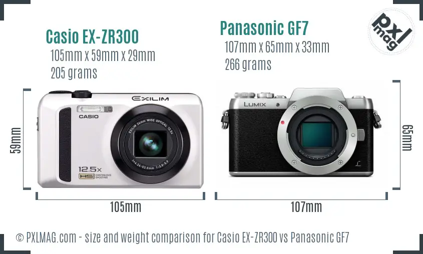 Casio EX-ZR300 vs Panasonic GF7 size comparison