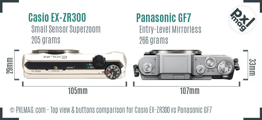 Casio EX-ZR300 vs Panasonic GF7 top view buttons comparison