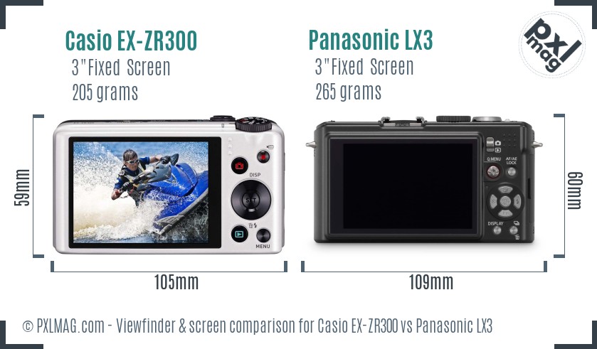 Casio EX-ZR300 vs Panasonic LX3 Screen and Viewfinder comparison