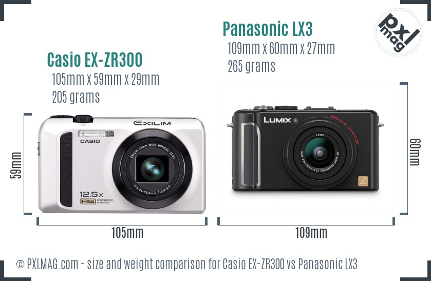 Casio EX-ZR300 vs Panasonic LX3 size comparison