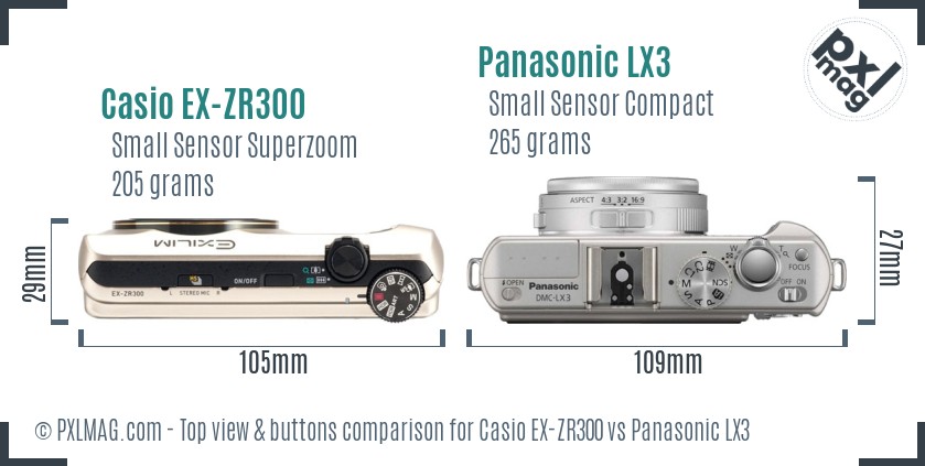 Casio EX-ZR300 vs Panasonic LX3 top view buttons comparison