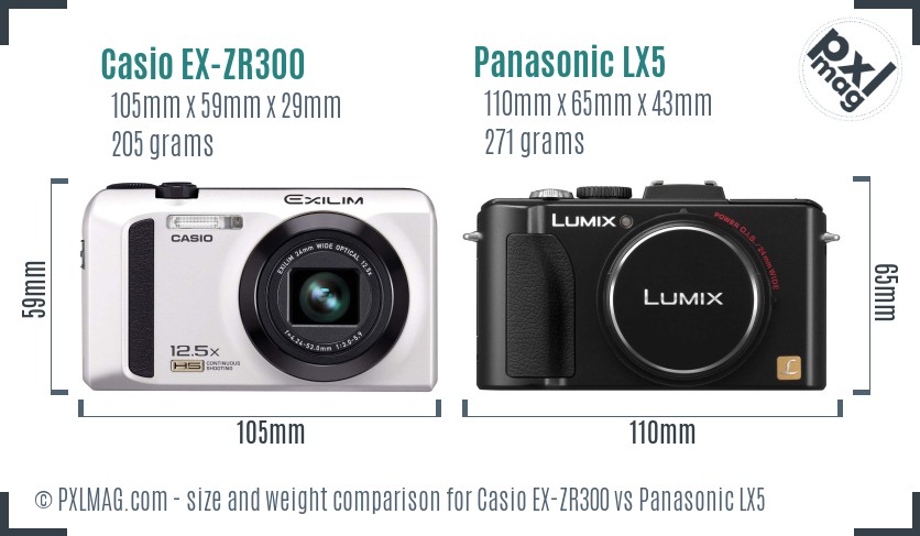 Casio EX-ZR300 vs Panasonic LX5 size comparison