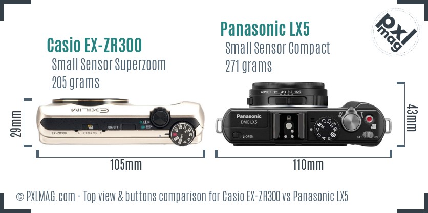 Casio EX-ZR300 vs Panasonic LX5 top view buttons comparison