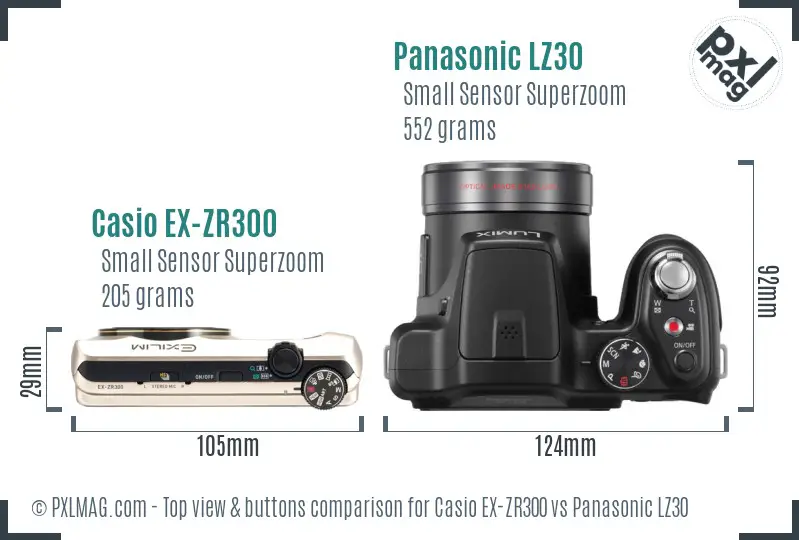 Casio EX-ZR300 vs Panasonic LZ30 top view buttons comparison Casio EX-ZR300 vs Panasonic LZ30 top view buttons comparison