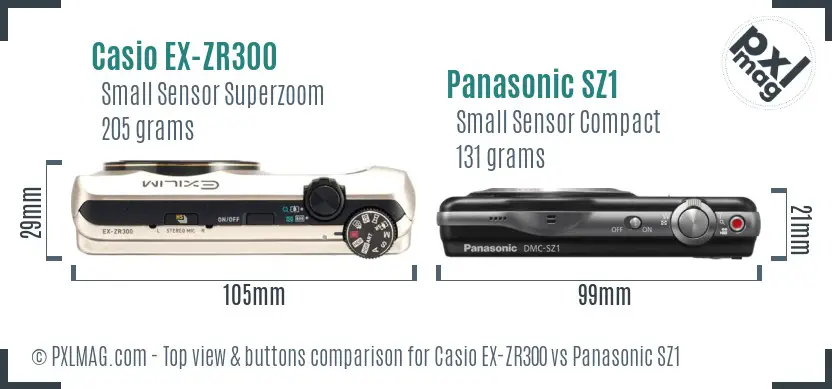 Casio EX-ZR300 vs Panasonic SZ1 top view buttons comparison Casio EX-ZR300 vs Panasonic SZ1 top view buttons comparison