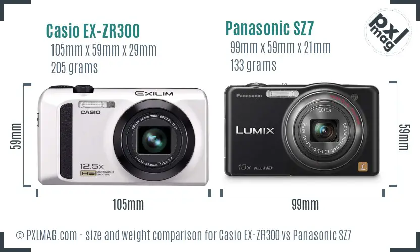 Casio EX-ZR300 vs Panasonic SZ7 size comparison
