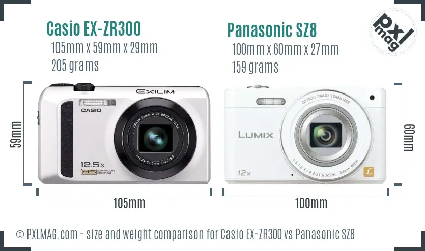 Casio EX-ZR300 vs Panasonic SZ8 size comparison