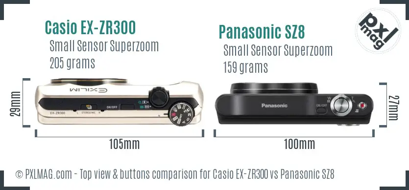 Casio EX-ZR300 vs Panasonic SZ8 top view buttons comparison