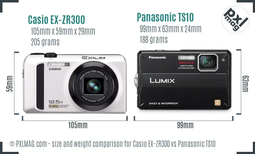 Casio EX-ZR300 vs Panasonic TS10 size comparison