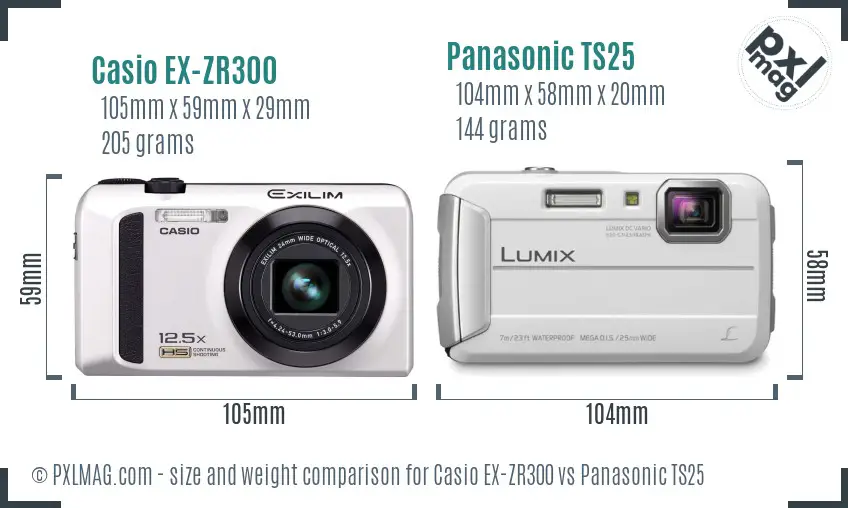 Casio EX-ZR300 vs Panasonic TS25 size comparison