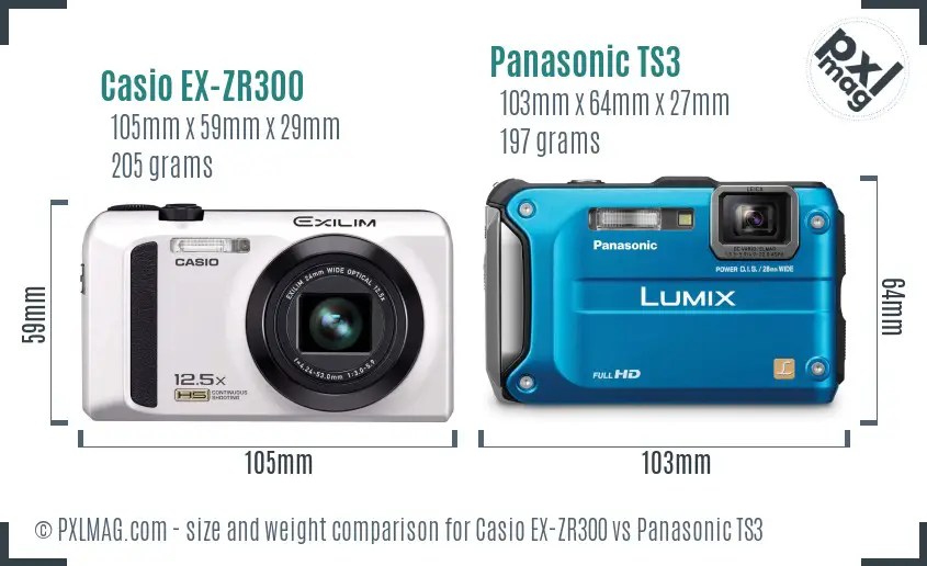 Casio EX-ZR300 vs Panasonic TS3 size comparison