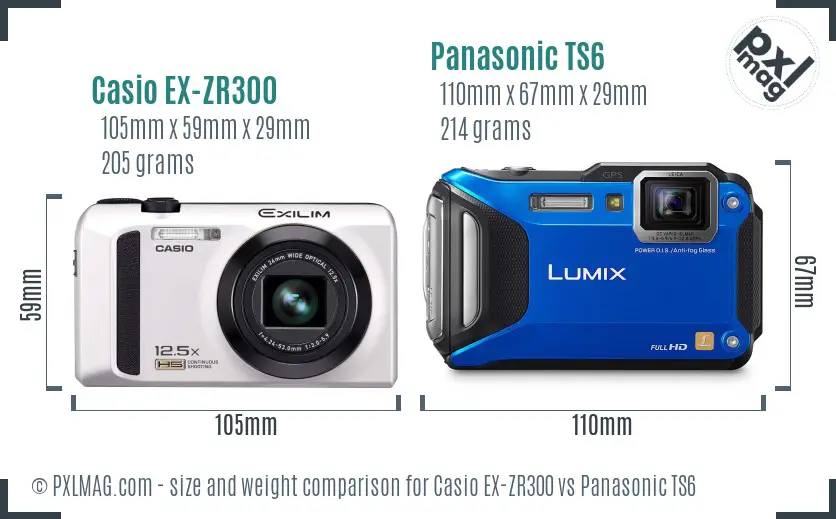 Casio EX-ZR300 vs Panasonic TS6 size comparison