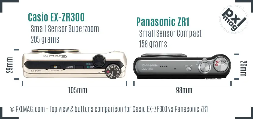 Casio EX-ZR300 vs Panasonic ZR1 top view buttons comparison Casio EX-ZR300 vs Panasonic ZR1 top view buttons comparison