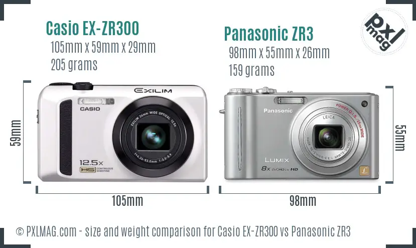 Casio EX-ZR300 vs Panasonic ZR3 size comparison