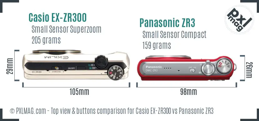 Casio EX-ZR300 vs Panasonic ZR3 top view buttons comparison