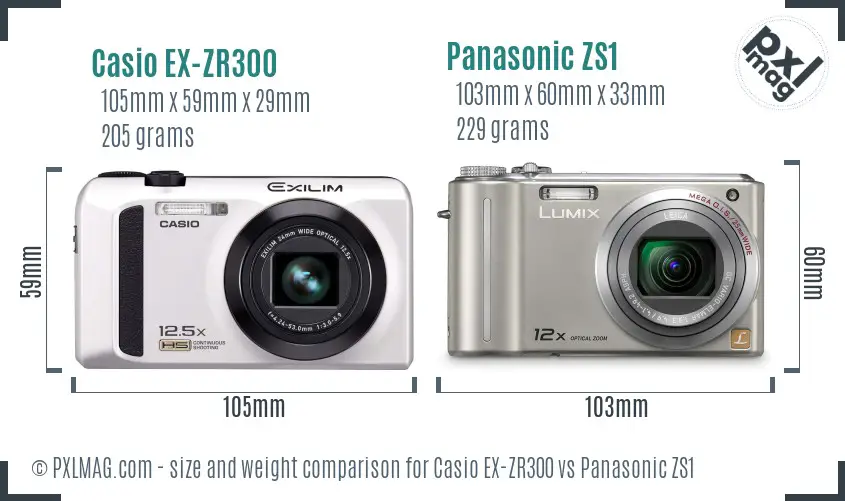 Casio EX-ZR300 vs Panasonic ZS1 size comparison