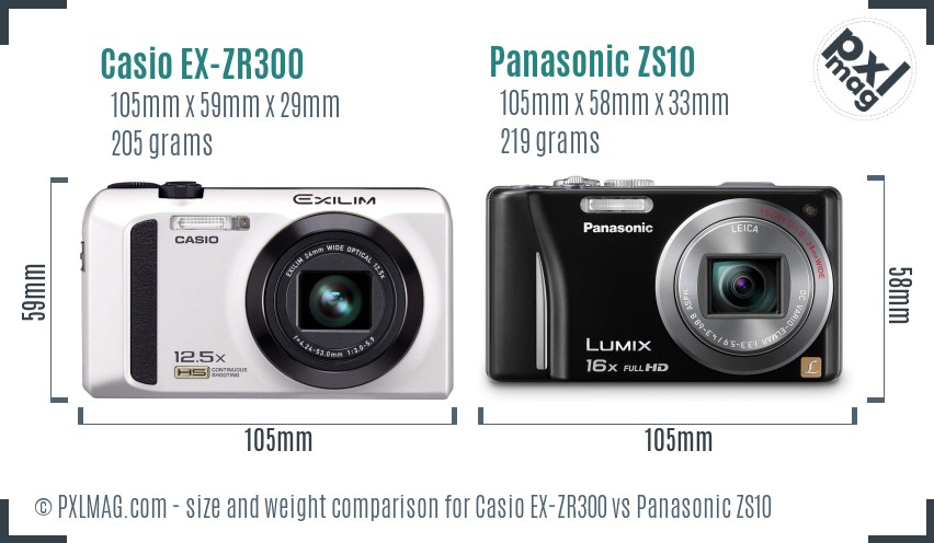 Casio EX-ZR300 vs Panasonic ZS10 size comparison