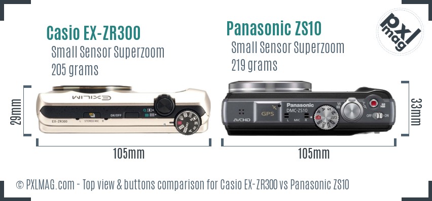 Casio EX-ZR300 vs Panasonic ZS10 top view buttons comparison