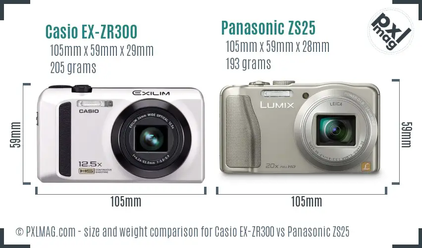 Casio EX-ZR300 vs Panasonic ZS25 size comparison