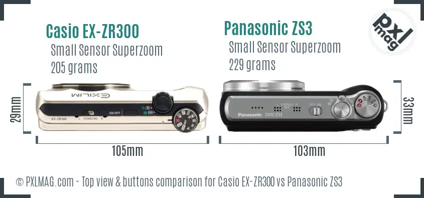 Casio EX-ZR300 vs Panasonic ZS3 top view buttons comparison Casio EX-ZR300 vs Panasonic ZS3 top view buttons comparison