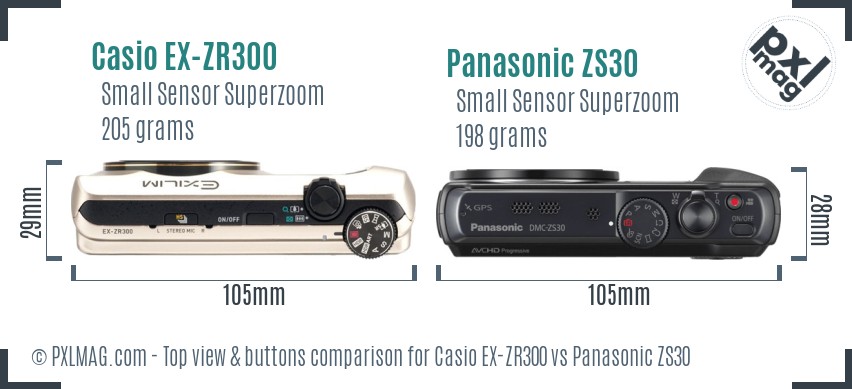 Casio EX-ZR300 vs Panasonic ZS30 top view buttons comparison