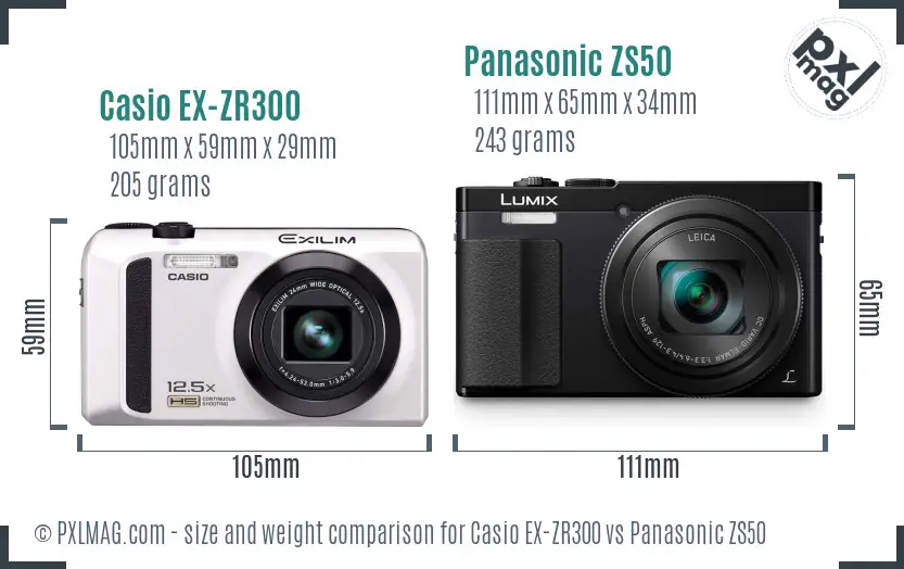 Casio EX-ZR300 vs Panasonic ZS50 size comparison