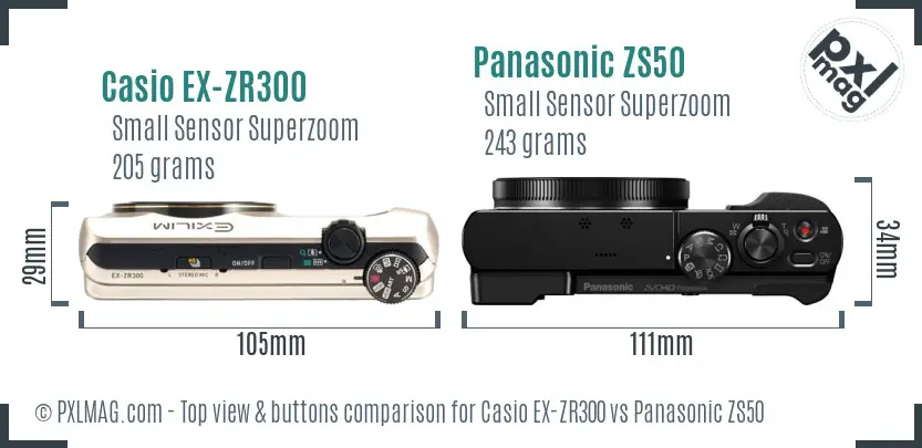 Casio EX-ZR300 vs Panasonic ZS50 top view buttons comparison