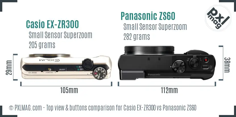 Casio EX-ZR300 vs Panasonic ZS60 top view buttons comparison