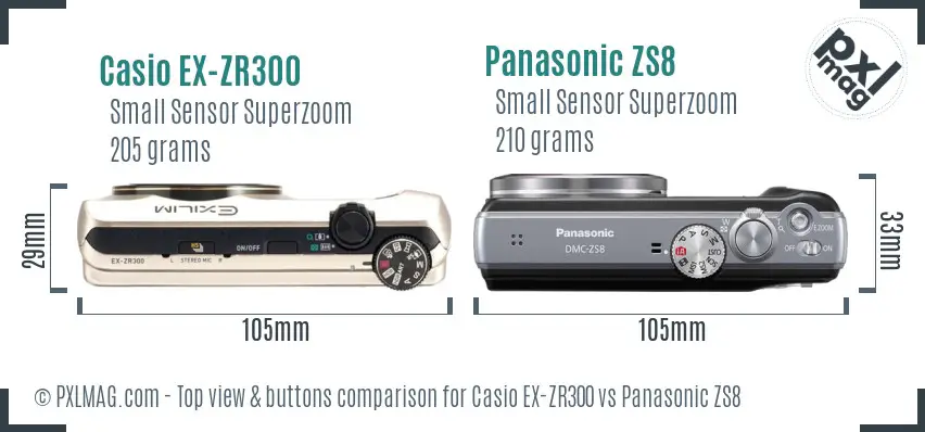 Casio EX-ZR300 vs Panasonic ZS8 top view buttons comparison Casio EX-ZR300 vs Panasonic ZS8 top view buttons comparison