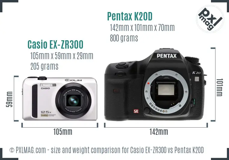 Casio EX-ZR300 vs Pentax K20D size comparison