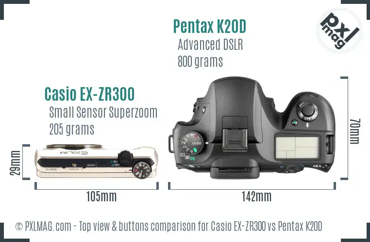 Casio EX-ZR300 vs Pentax K20D top view buttons comparison