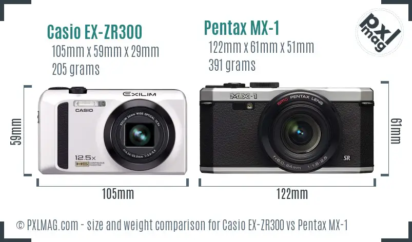 Casio EX-ZR300 vs Pentax MX-1 size comparison