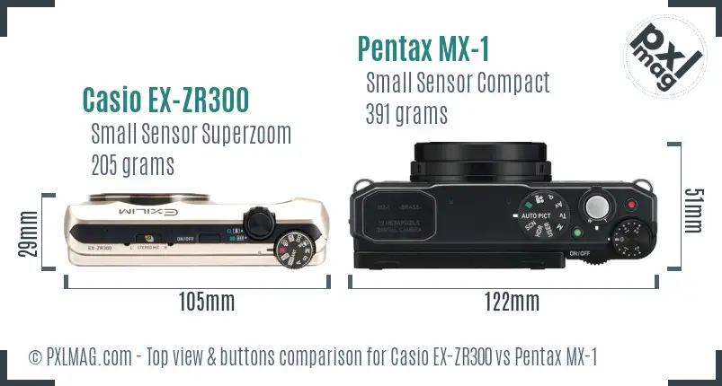 Casio EX-ZR300 vs Pentax MX-1 top view buttons comparison