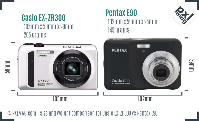 Casio EX-ZR300 vs Pentax E90 size comparison