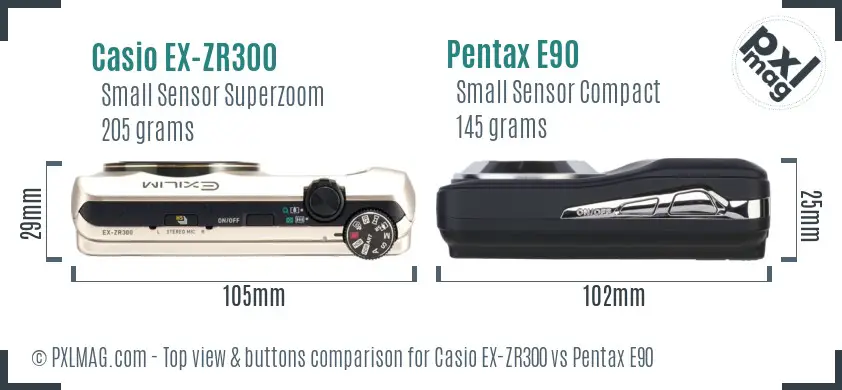 Casio EX-ZR300 vs Pentax E90 top view buttons comparison