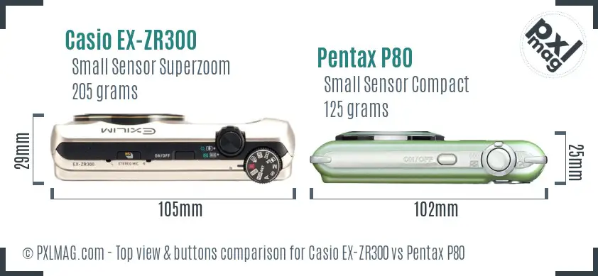 Casio EX-ZR300 vs Pentax P80 top view buttons comparison Casio EX-ZR300 vs Pentax P80 top view buttons comparison
