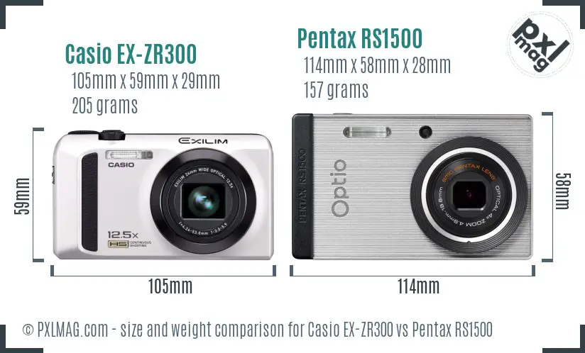 Casio EX-ZR300 vs Pentax RS1500 size comparison